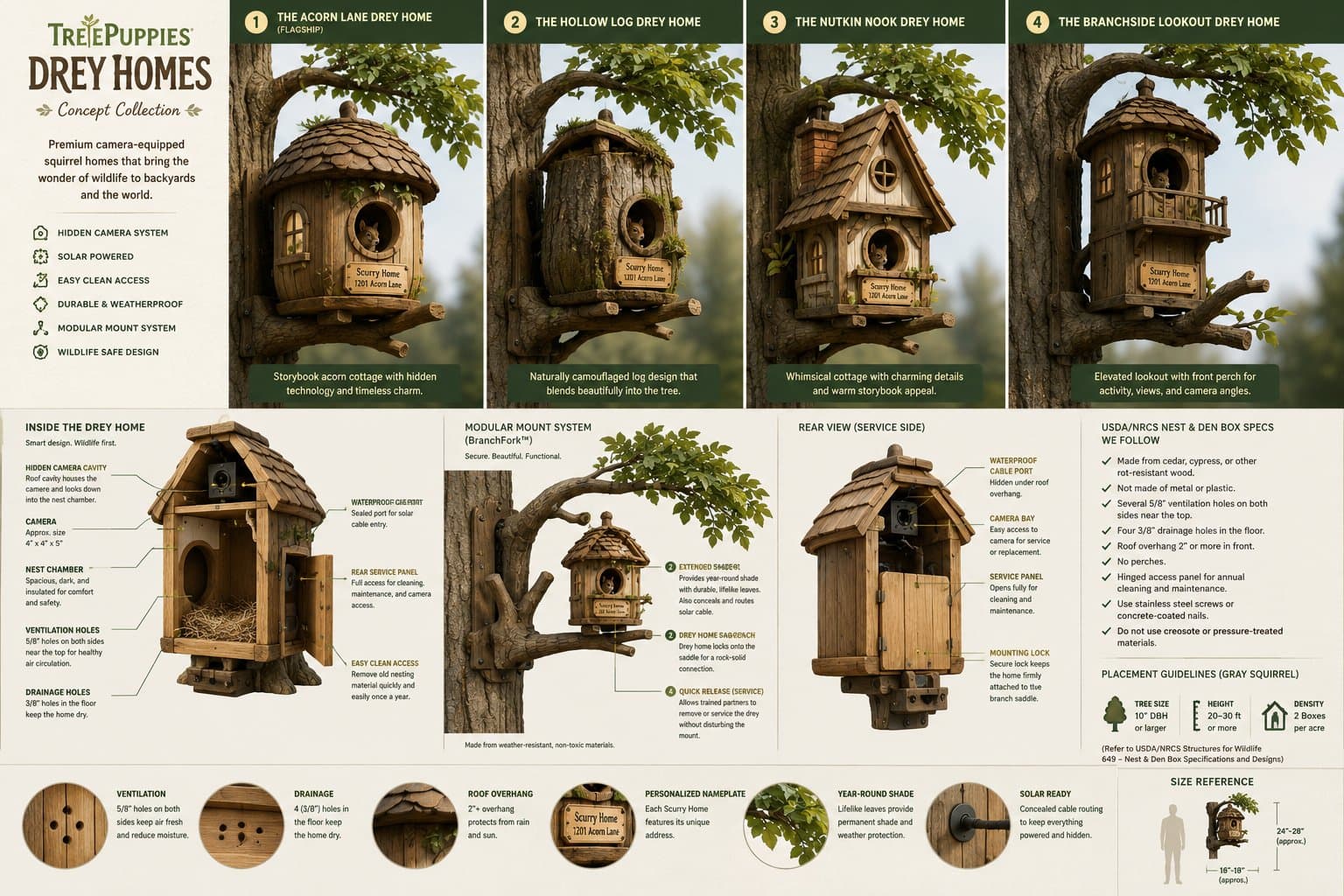 The four concepts of the TreePuppies Drey Home Collection — Acorn Lane, Hollow Log, Nutkin Nook, and Branchside Lookout — shown together with their shared design system.